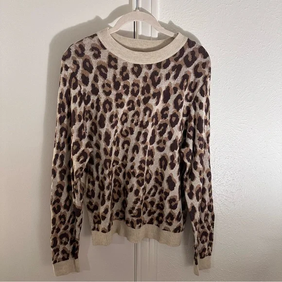 A New Day Cream Brown Leopard Print Knit Crewneck Pullover Sweater Size Small - Picture 2 of 11
